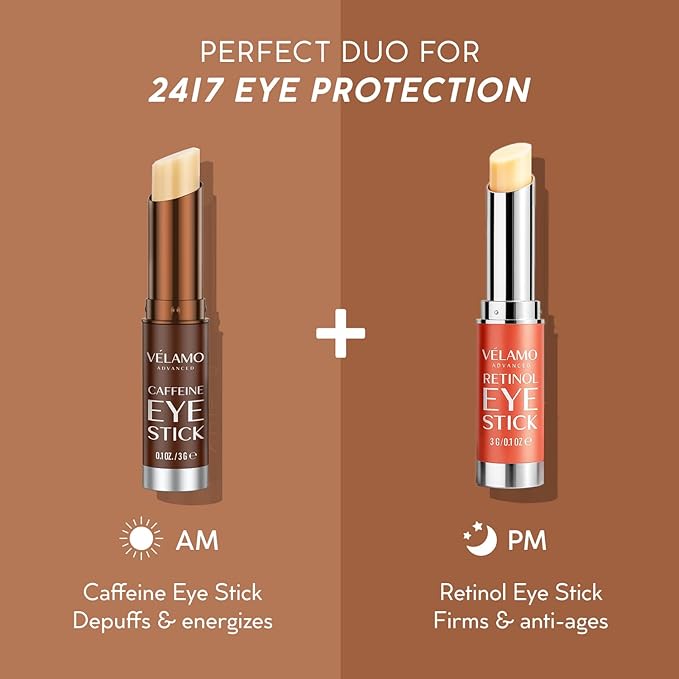 VELAMO ADVANCED Caffeine & Retinol Eye Stick Duo: Energizing & Renewing AM/PM Under Eye Balms for Dark Circles, Puffiness & Wrinkles - Travel Essentials, Portable & Perfect for On-the-go Use