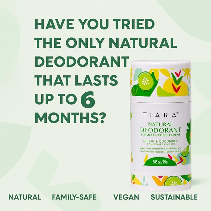 TIARA All Natural Deodorant for Women & Men - Aluminum Free Deodorant, Safe for Kids & Whole Body Use - Paraben & Chemical Free, Vegan, Non-Toxic and Gluten Free. Travel Size (Melon & Cucumber)