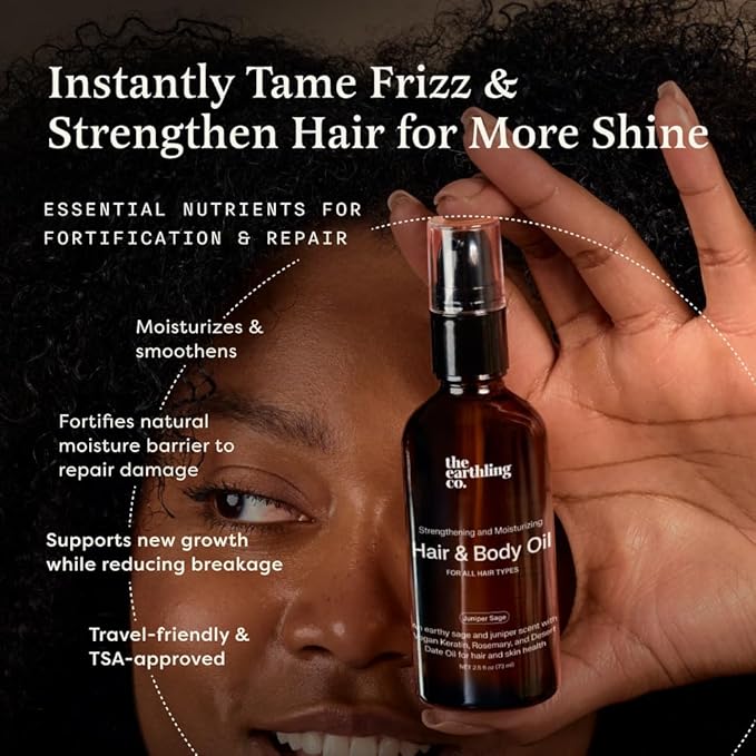 The Earthling Co. Hair & Body Oil - Promote Hair Growth, Strengthen & Moisturize All Hair Types - Helps Frizz & Damage with Natural Rosemary & Vegan Keratin For Dry Hair & Scalp (2.5 oz, Juniper Sage)