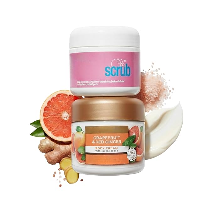 Himalayan Pink Salt Body Scrub & Body Cream Set – Exfoliating Body Scrub and Moisturizing Lotion – Spa Gift Set for Women – Grapefruit & Red Ginger – Vegan, Paraben Free