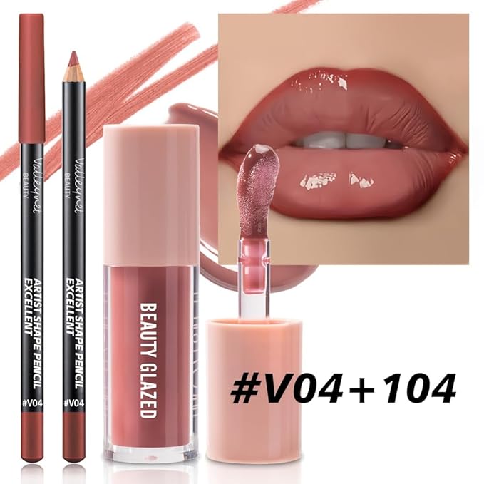 2Pcs/Set Lip Gloss & Lip Liner Set Peach Nude – Lip Plumping Effect Lip Combo Set for Juicy Plump Lips, Gradient Lips & Over Lip Makeup, High Shine Glass Lips Look Viral Lip Combo for Volume Lips