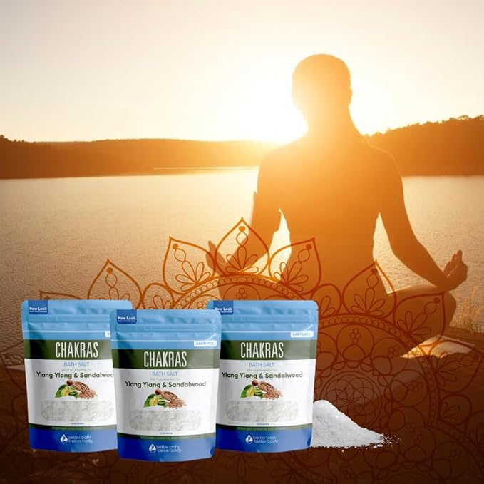 Chakras Bath Salt (3 Pack) USP Epsom Salt with Natural Ylang Ylang and Sandalwood Essential Oils Plus Vitamin C in BPA Free Pouch with Easy Press Lock Seal Made in USA Bundle 6 Lbs Total