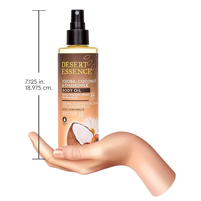 Desert Essence Jojoba, Coconut & Chamomile Body Oil Spray, 24-Hour Moisture After Shower Finishing Oil for Sensitive Skin, Fast-Absorbing Hydration, 8.28 fl oz