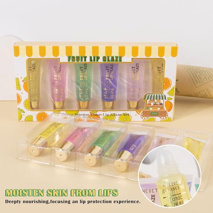 6 Pcs Summer Ultra-Hydrating Lip Gloss Set with Vitamin Oils | Fruit Flavored, High-Shine, Non-Sticky Lip Balm for Smooth, Hydrating & Nourished Lips, Birthday Christmas Gifts, Vegan & Cruelty-Free