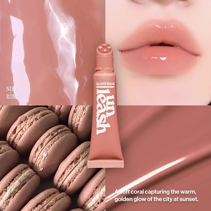 UNLEASHIA Sunset Dazzle Gloss Balm | Hydrating Tinted Gloss Balm, Lasting Relief, Vegan, Moisturizing Plumpy Formula with Peptides and Vitamins (No.7 Rome)