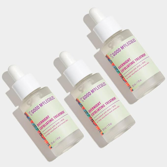Good Molecules Overnight Exfoliating Treatment Pack 3 – 1 fl oz / 30 ml Each | Lightweight Face Exfoliator with AHA & BHA, Glycolic & Salicylic Acid