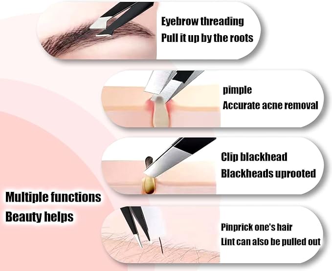 Tweezers Kit Tweezer for Women Facial Hair Removal Tweezers Professional Tweezers Set Eyebrow Tweezer, [9+1 PCS] AProfessional Stainless Steel Eyebrow for Women &Men, Pink Beauty Sets