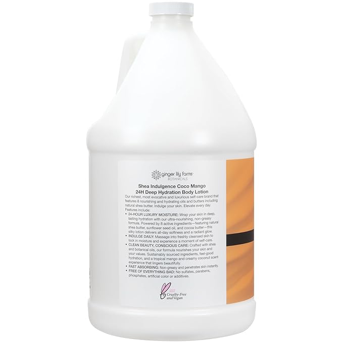Ginger Lily Farms Botanicals Shea Indulgence 24H Deep Hydration Body Lotion, Coco Mango, 100% Vegan & Cruelty-Free, Coconut Mango Scent, 1 Gallon (128 fl oz) Refill