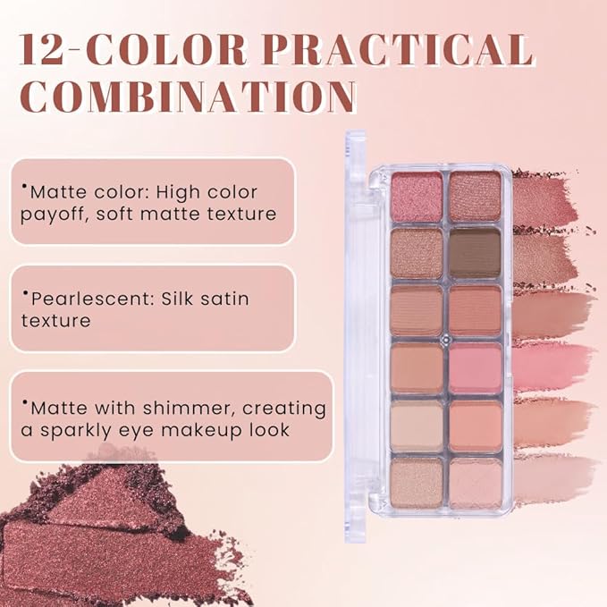 SUAKE Nude Pink Eyeshadow Palette, Matte & Shimmer, High Pigmented 12 Colors Brown Purple Eye Shadow Primers for Eye Makeup, Korean Powder Palet de sombras de ojos