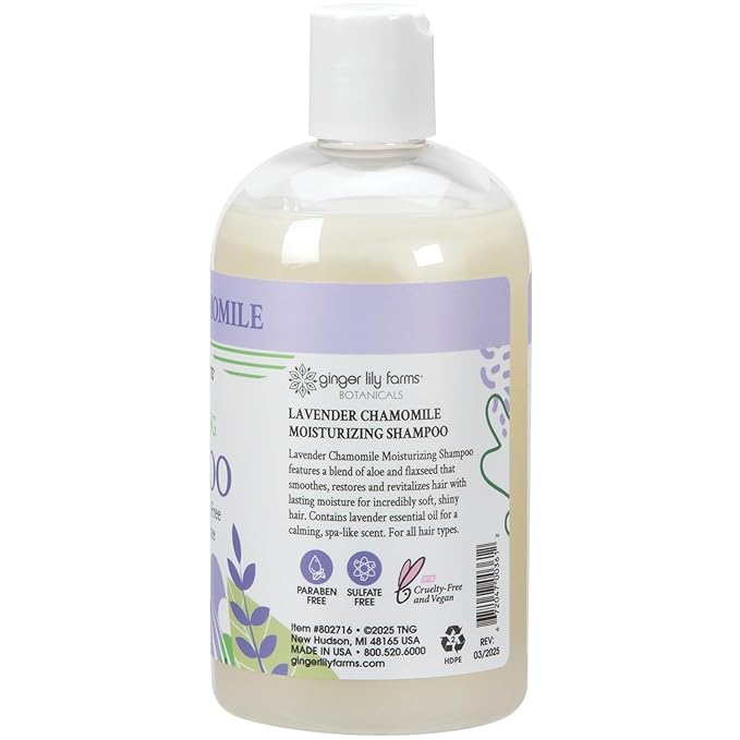 Ginger Lily Farms Botanicals Moisturizing Shampoo for All Hair Types, 100% Vegan & Cruelty-Free, Lavender Chamomile Scent, 12 Fl Oz (Pack of 6)