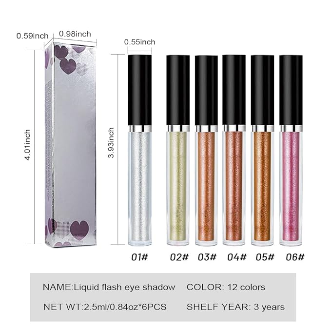 SUAKE Liquid Sparkling Glitter Eyeshadow Stick Pack - High Pigment Shimmer Metallic Eye Shadow, Long-Lasting, White Blue Black Gold Purple Bold Colors,Quicking-Dry (1#-6#, Pack of 6)