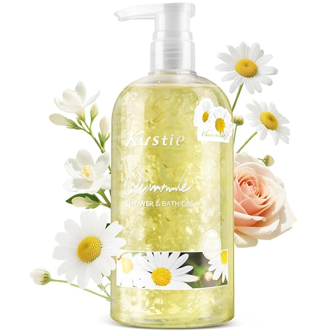 Kustie Chamomile Petal Body Wash with 972 Real Petals Floating in Clear Gel – Calendula & Amino Acids – Vegan, Sulfate-Free, Soothes & Moisturizes Sensitive Skin – 24H Floral Scent, 24.3 fl oz