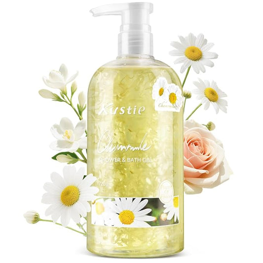 Kustie Chamomile Petal Body Wash with 972 Real Petals Floating in Clear Gel – Calendula & Amino Acids – Vegan, Sulfate-Free, Soothes & Moisturizes Sensitive Skin – 24H Floral Scent, 24.3 fl oz