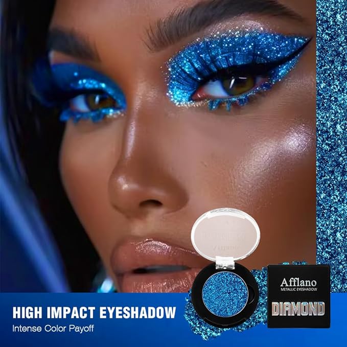 Blue Metallic Eyeshadow Single, Highly Pigmented Fine Pressed Glitter Diamond Eyeshadow with Shimmer finish, Long Lasting Blendable Bright Sparkle Eye Shadow for Blue Eyes/Eyeliner, Waterproof Vegan