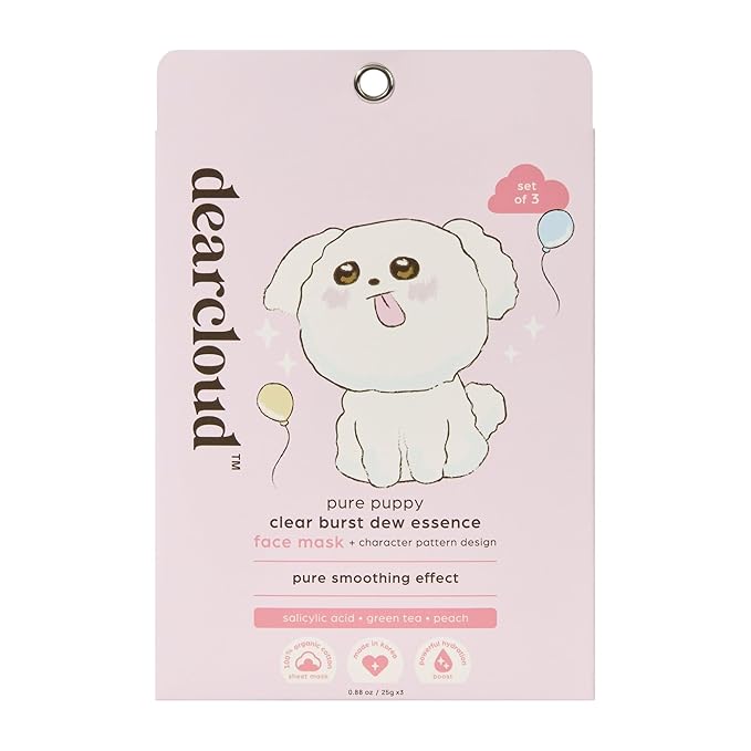 dearcloud Pure Puppy Clear Burst Dew Essence Face Mask, Korean Sheet Mask - Salicylic Acid, Green Tea & Peach (3 Count)