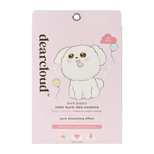 dearcloud Pure Puppy Clear Burst Dew Essence Face Mask, Korean Sheet Mask - Salicylic Acid, Green Tea & Peach (3 Count)