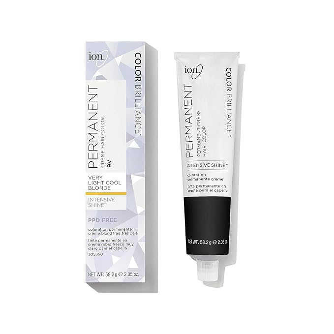 Ion Permanent Creme Hair Color 9V Very Light Cool Blonde, Vegan, Cruelty Free, PPD Free, 100% Gray Coverage, Long Lasting, Fade Resistant Color, 2.05 oz