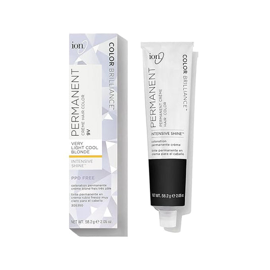 Ion Permanent Creme Hair Color 9V Very Light Cool Blonde, Vegan, Cruelty Free, PPD Free, 100% Gray Coverage, Long Lasting, Fade Resistant Color, 2.05 oz