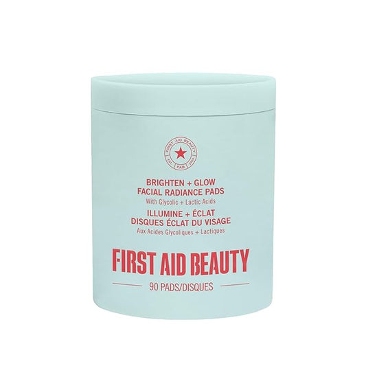 First Aid Beauty - Facial Radiance Pads with Glycolic & Lactic Acids, Daily Exfoliating Pads with AHA, Visibly Smaller Pores, Help Tone & Brighten Skin, One-Step Makeup Prep, Compostable, 90ct