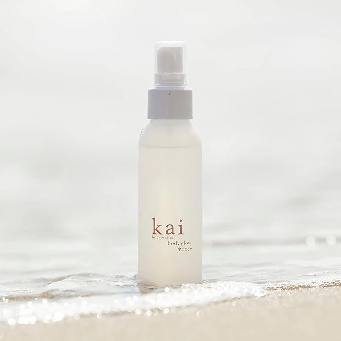 kai body glow rose, 4 Fl Oz, dry body oil with jojoba, chamomile, cucumber extracts, moisturizes and leaves a radiant glow with a fresh + clean fragrance, layered with rose absolute, made in the usa