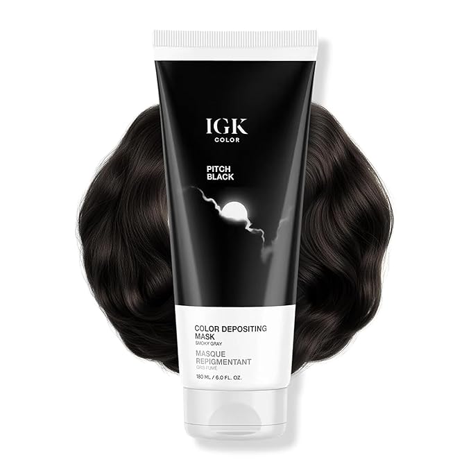 IGK Pitch Black Color Depositing + Conditioning Hair Mask | Smoky Gray - Cool Onyx Tones | Hydrating Semi-Permanent Gloss Toner Treatment