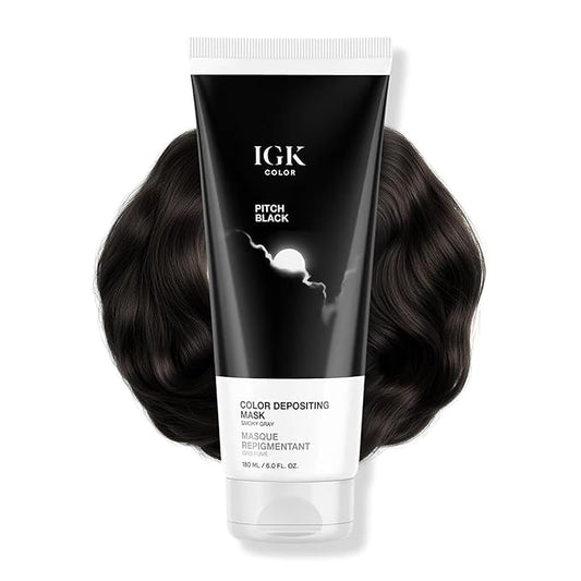 IGK Pitch Black Color Depositing + Conditioning Hair Mask | Smoky Gray - Cool Onyx Tones | Hydrating Semi-Permanent Gloss Toner Treatment