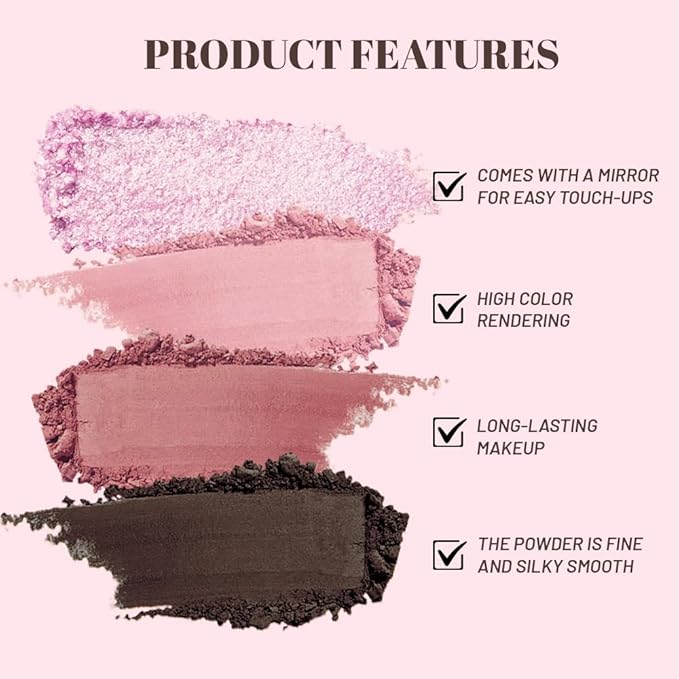 Pink Brown 4Colors Eyeshadow Makeup Palette with Brush Mirror,Natural Neutral Powde Eye Shadow Palettes for Older Women,Long Lasting Naturing-Looking,Lightweight Eye Makeup Kit Travel Size
