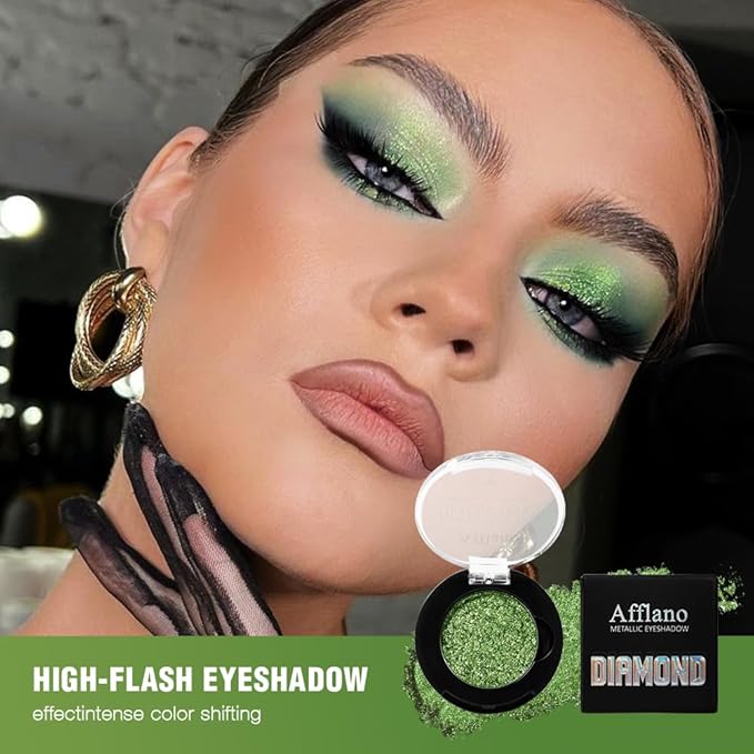 Green Glitter Eyeshadow, Highly Pigmented Lime Green Sparkle Metallic Eyeshadow Palette for Older Women, Long Lasting Light Pressed Powder Chrome Shimmer Eye Shadow for Daily, Party, St. Patrick's Day