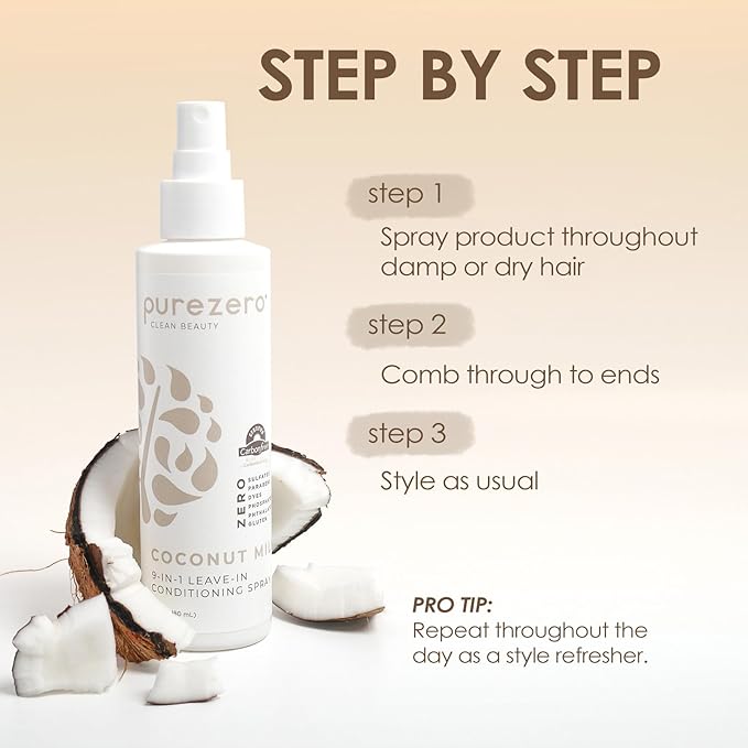 Purezero 9-in-1 Coconut Milk - Leave-In Conditioning Spray - Intense Hydration & Increase Shine, Fight Dandruff & Frizz, Zero Sulfates, Parabens, Dyes (6 oz (2 Pack))