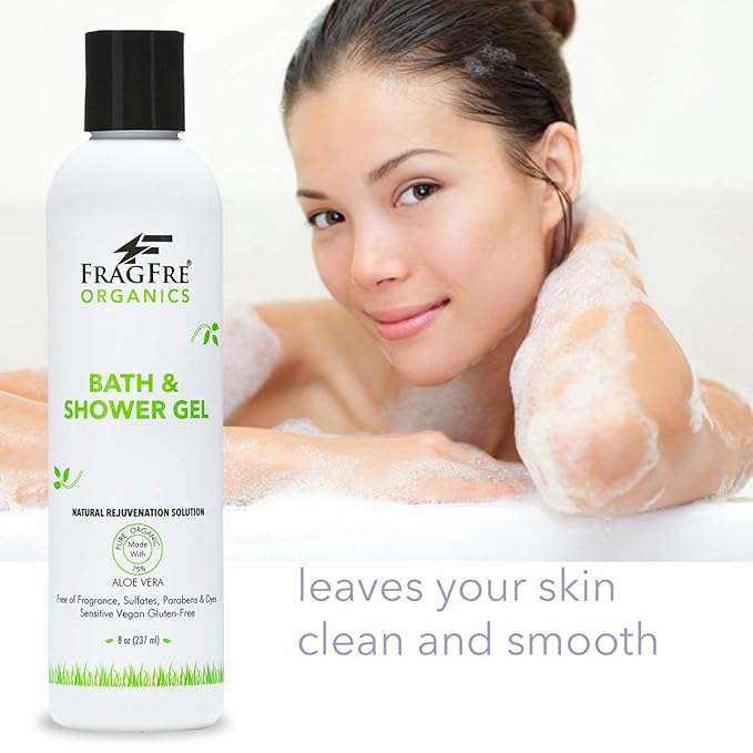 Organic Shower Gel 2/Pack - Fragrance Free Sulfate Free Parabens Free - for Itchy Dry Sensitive Skins - 8 oz - Gluten Free Vegan Cruelty Free - Organic Aloe Vera Bath Shower Gel - pure Natural