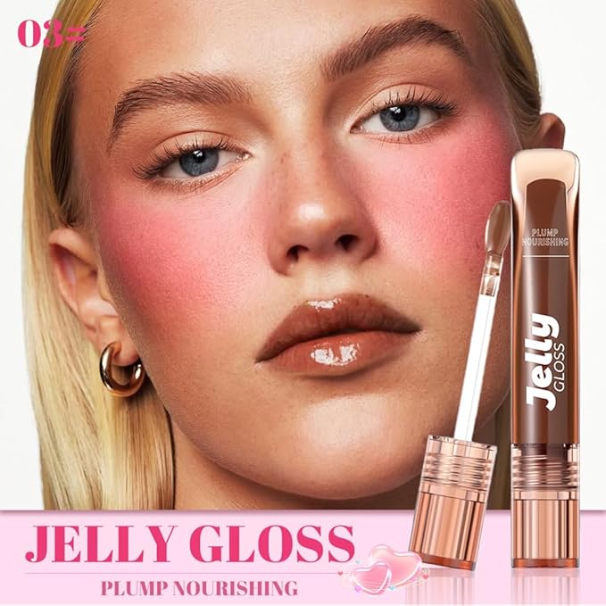 Jelly Lip Gloss, Soft Lip Tint, Instantly creates a Sheer Glass-like Shine, Cool Blue Red Rose Mocha Bean Chocolate Brown Colors, Smoothing, Moisturizing, Plump and Hydrated (B03)
