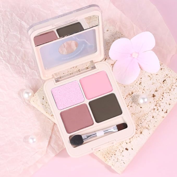 Pink Brown 4Colors Eyeshadow Makeup Palette with Brush Mirror,Natural Neutral Powde Eye Shadow Palettes for Older Women,Long Lasting Naturing-Looking,Lightweight Eye Makeup Kit Travel Size
