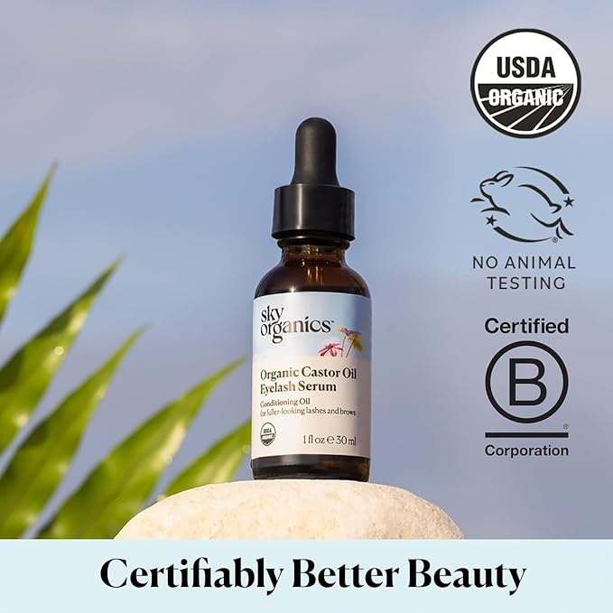 Sky Organics - USDA Organic Castor Oil Eyelash Serum (1 fl oz/30 mL) Brown Glass Bottle for UV Protection - Fuller-Looking Eyebrow & Lash Serum - Conditioning Hair Oil - Vegan, Cruelty Free, Self Care