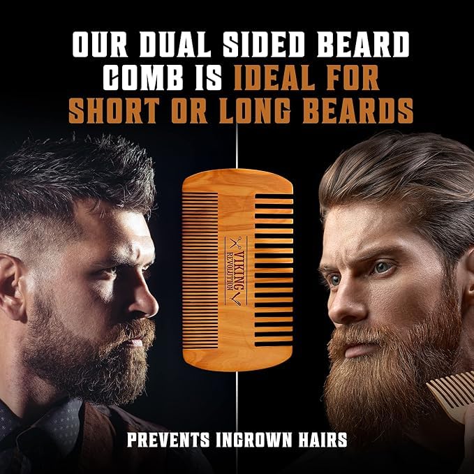 Viking Revolution Beard Comb & Beard Brush Set for Men -- Natural Boar Bristle Brush and Dual Action Pear Wood Comb w/Velvet Travel Pouch - Great for Grooming Beards and Mustaches
