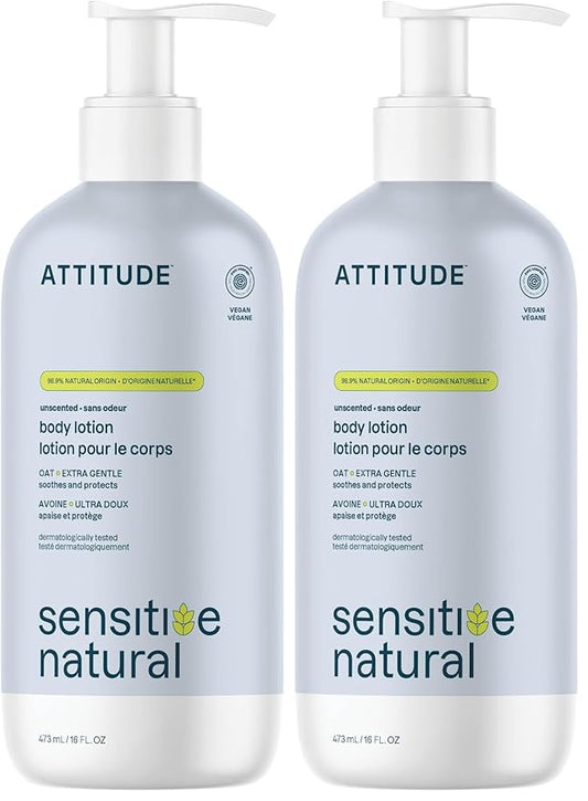 ATTITUDE Body Lotion for Sensitive Skin with Oat,EWG Verified,Dermatologically Tested,Vegan,Extra Gentle,Unscented,16 Fl Oz,(Pack of 2)