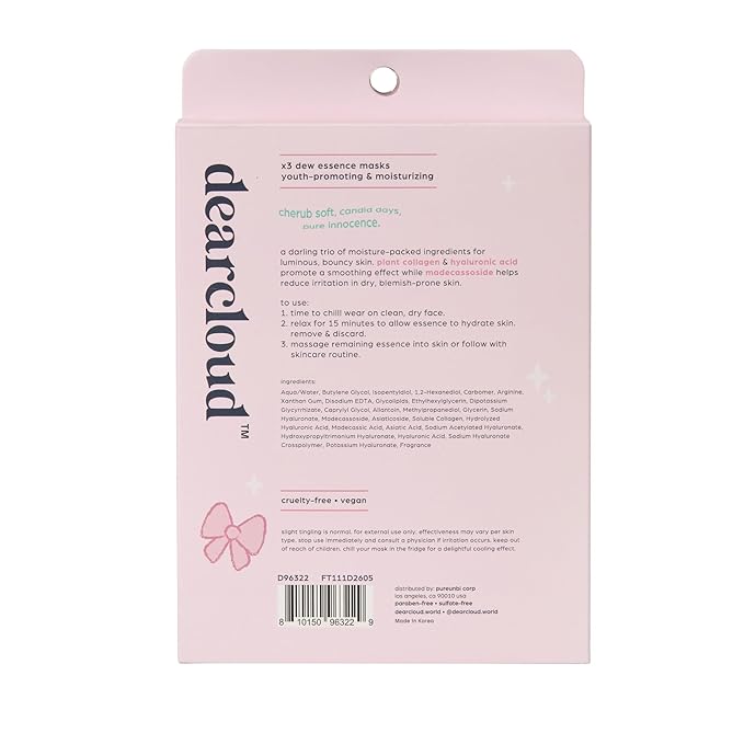 dearcloud Beary Glowy Skin Deep Moisturizing Dew Essence Face Mask, Korean Sheet Mask - Vegan Collagen, Hyaluronic Acid & Madecassoside (3 Count)