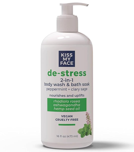 Kiss My Face De-Stress 2-in-1 Body Wash & Bath Soak - Peppermint + Clary Sage - Botanical Blend - Vegan and Cruelty Free - With added Rhodiola Rosea, Hemp Seed Oil, and Ashwagandha - 16 fl oz Bottle