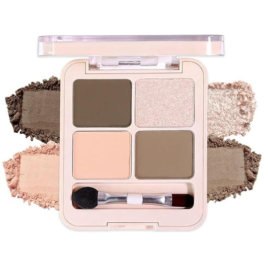 Nude Brown Champagne 4Colors Eyeshadow Makeup Palette with Brush Mirror,Natural Neutral Powde Eye Shadow Palettes for Older Women,Long Lasting Naturing-Looking,Lightweight Eye Makeup Kit Travel Size