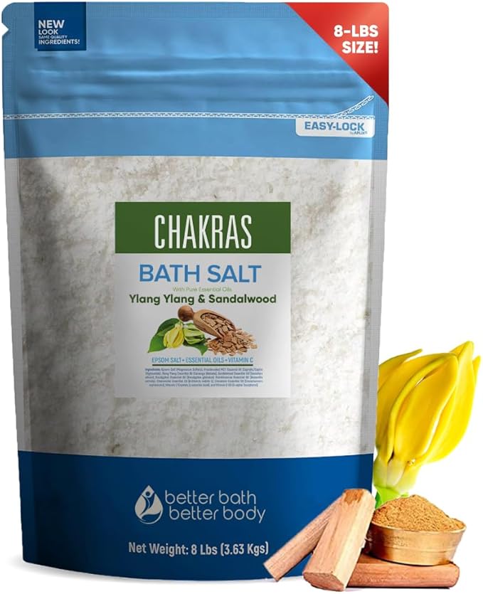 Chakras Bath Salt 128 Ounces (8 Lbs) Epsom Salt with Natural Ylang Ylang and Sandalwood Essential Oils Plus Vitamin C in BPA Free Pouch with Easy Press Lock Seal Made in USA
