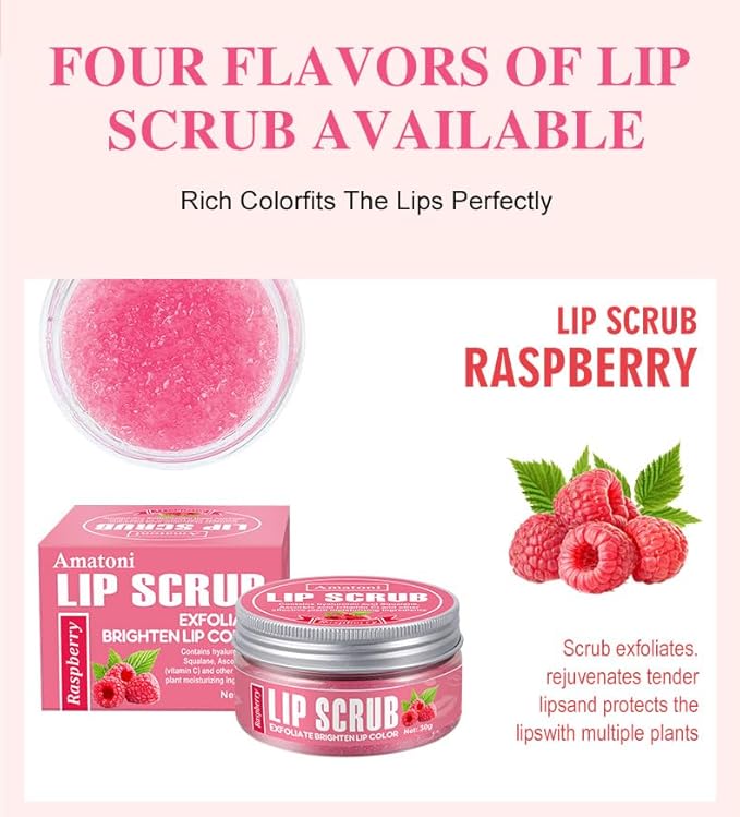 4-Color Fruit-Flavored Lip Scrub for Dry, Cracked & Dark Lips – Exfoliating & Moisturizing Lip Care with Organic Ingredients, Lip Brush – Vegan, Cruelty-Free (20g) (Raspberry flavor, 1PC)