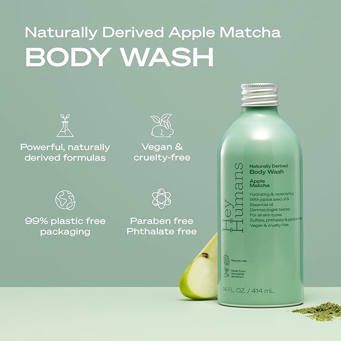 HEY HUMANS Apple Matcha Moisturizing Body Wash with Natural Ingredients & Jojoba Oil | Clean, Vegan, Sulfate Free Bath & Body Wash for Women & Men | Recyclable Bottle, 14 fl. oz. - Pack of 3