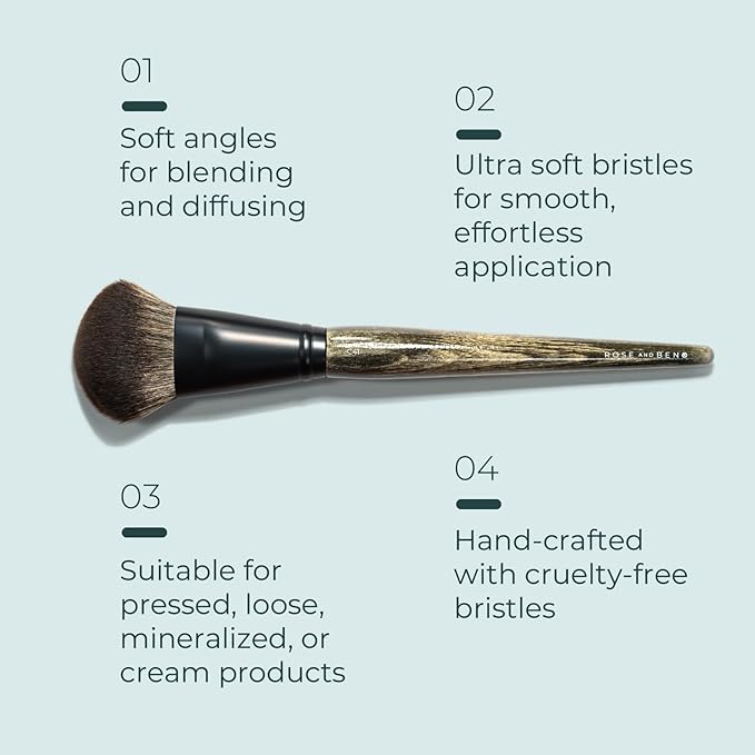 Rose and Ben Beauty C41 Blush Brush | Professional Brush for Flawless Makeup Application | Angled Non-Shedding & Cruelty-Free for Pressed, Powder, & Cream Cosmetics