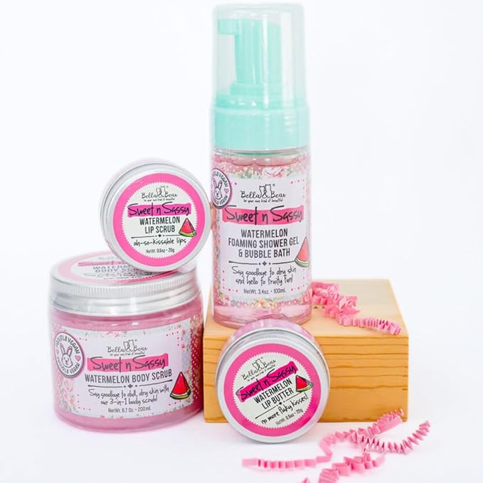 Bella & Bear Sweet 'n; Sassy MIdi Bath & Body Gift Set with Foaming Shower Gel & Bubble Bath, Body Scrub & Lip Scrub and Lip Butter. Great Gifts for Women Birthdays, Girlfriends, Bridesmaids