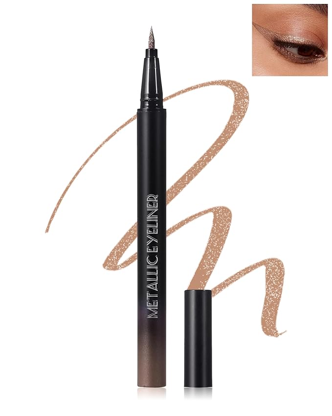 Metallic Glitter Liquid Eyeliner, Brown Diamond Shimmer Colored Eyeliner, Waterproof Long-Stay 24H Eye Liner Pen, Ultra-Fine Tip Smooth Application, Smudge-Proof High Pigmented Delineador De Ojos-05