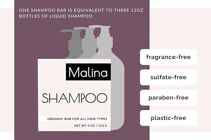 Malina™ Organic Shampoo Bar | Coconut & Castor Oil | Pure Essential Oils | Sulfate-Free | Handmade | Vegan | No Synthetic Fragrance | Cruelty-Free | Certified Organic Ingredients