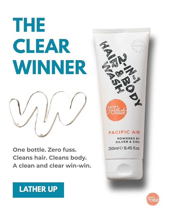 31st State 2-in-1 Hair + Body Wash - Easy-To-Use, Gentle Formula - Suitable for All Skin/Hair Types - Balanced for Daily Use - Non-Drying - Vegan, Gluten-Free, Paraben-Free and SLS/SLES-Free - 150ml
