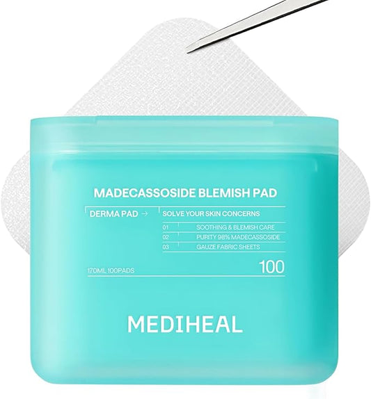 MEDIHEAL Madecassoside Blemish Pad - Square Cotton Facial Toner Pads with Centella Asiatica & Madecassoside – Anti Blemish to Improve Uneven Skin Tone - Vegan Face Gauze Pads, 100