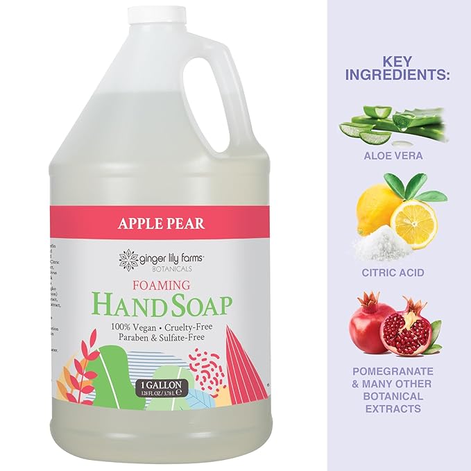 Ginger Lily Farms Botanicals All-Purpose Foaming Hand Soap Refill, 100% Vegan & Cruelty-Free, Apple Pear Scent, 1 Gallon (128 fl oz)