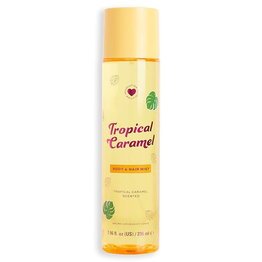 I Heart Revolution, Tropical Caramel Hair & Body Mist, Long-Lasting Perfume Spray, Notes of Vanilla, Caramel, & Sandalwood, Cruelty-Free & Vegan, 7.98 fl oz
