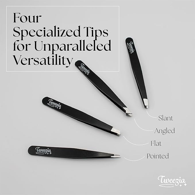 TWEEZIA Stainless Steel Tweezer Set - 4 Precision Tweezers with Mirror & Leather Case - Ideal Eyebrow Kit, Ingrown Hair Tweezers, Splinter Removal Kit or Pointed Tweezers for Beauty and Personal Care